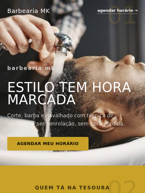Site da Barbearia MK, estilo urbano preto e dourado